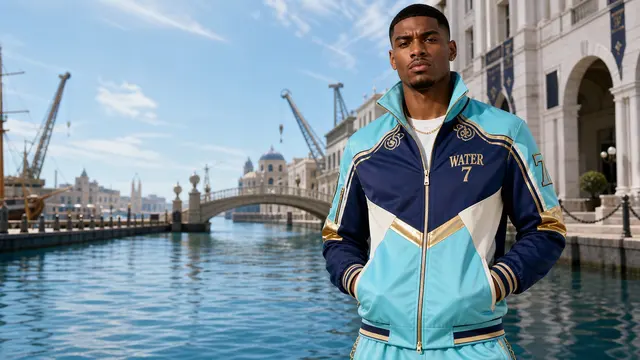 Water 7 varsity jacket photographed beside the canals
