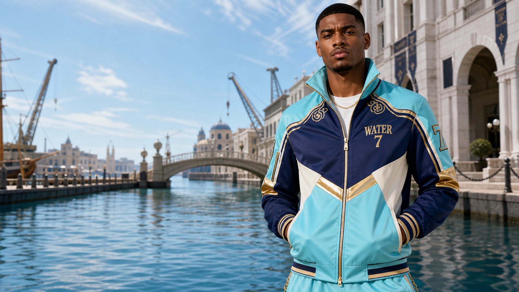 Model wearing the Water 7 Varsity Jacket in a canal city